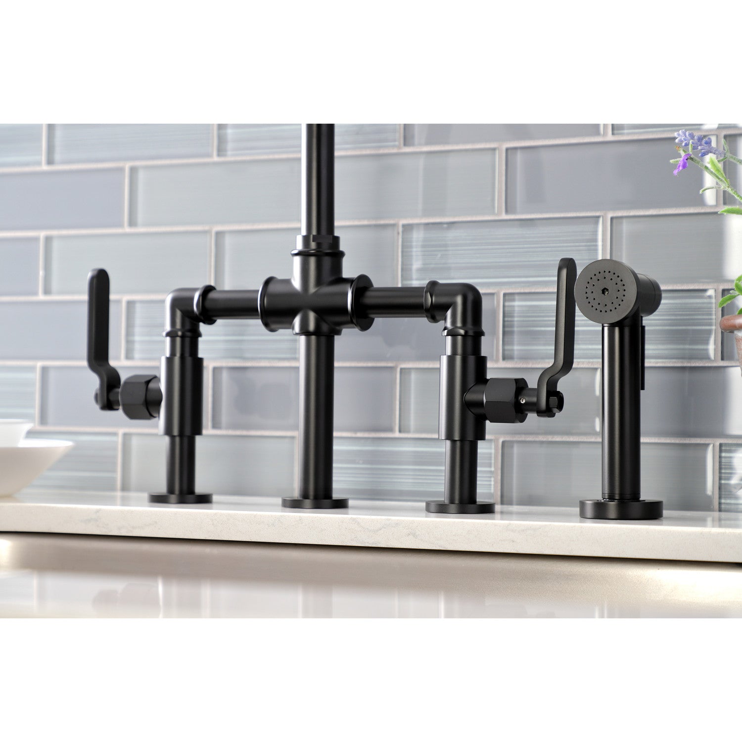 Kingston Sona KS2330KL - Whitaker Two-Handle 4-Hole Deck Mount Industrial Style Bridge Kitchen Faucet with Brass Sprayer, Matte Black — thumbnail 2
